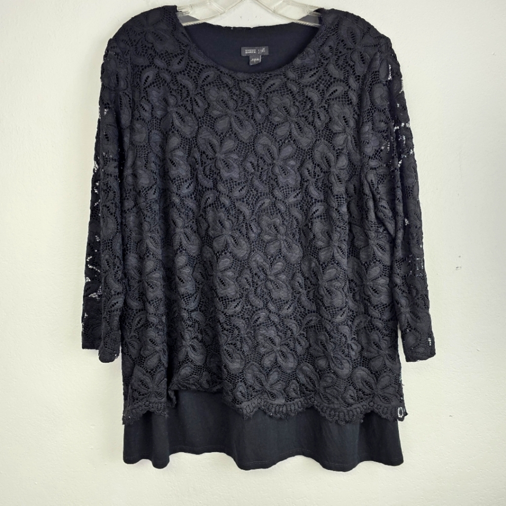 J. Jill Tunic Top Black Lace Over Jersey Knit Sz Large Dark Romantic Whimsigoth